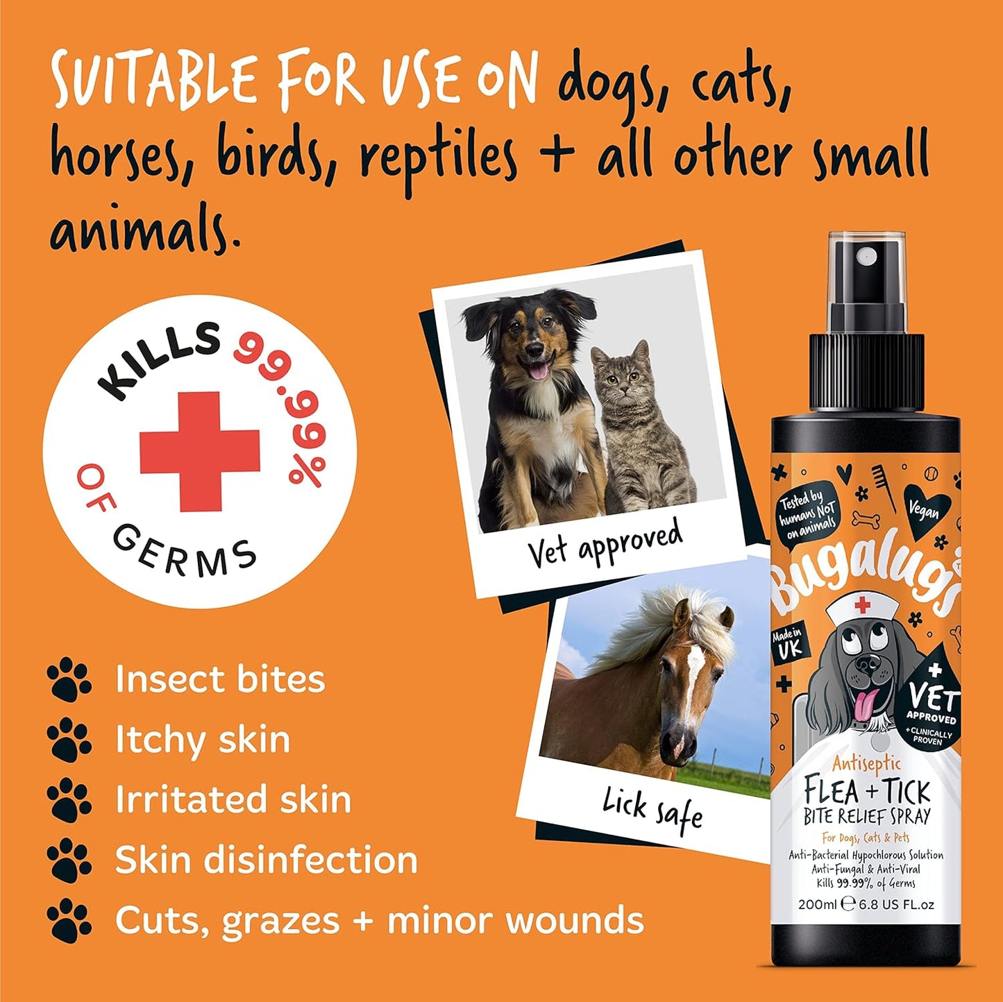 Bugalugs Antiseptic Flea & Tick Bite Relief Spray for Dogs, Cats & Pets