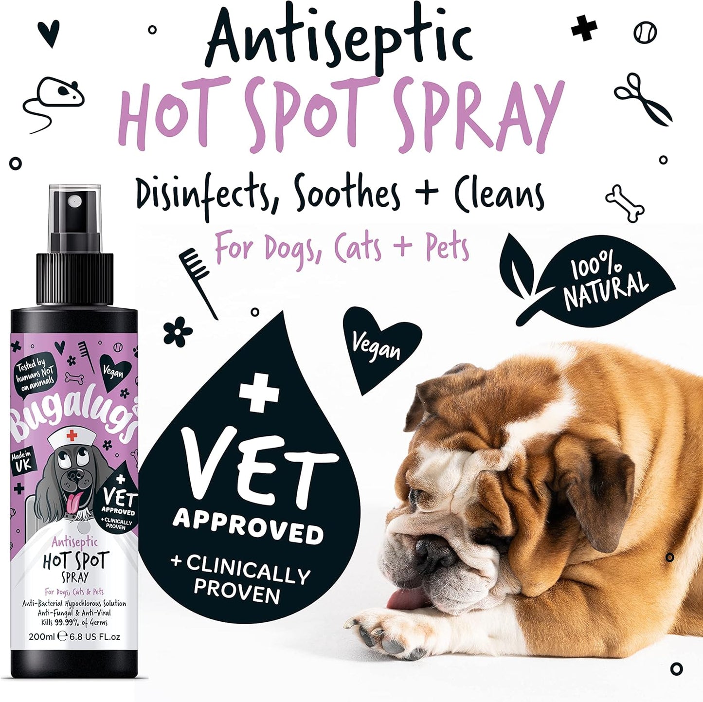 Bugalugs Antiseptic Hot Spot Spray for Dogs, Cats & Pets