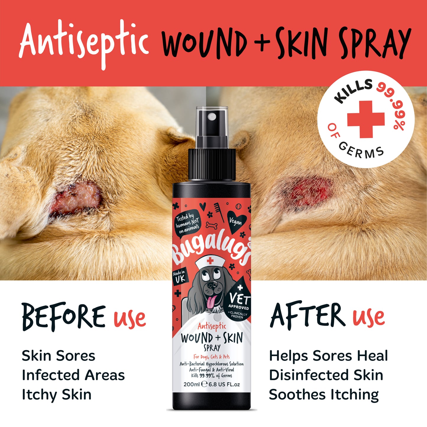 Bugalugs Antiseptic Wound & Skin Spray for Dogs, Cats & Pets