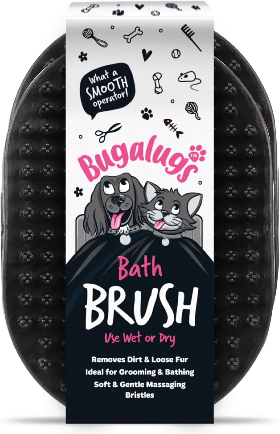 Bugalugs Wet & Dry Bath Brush for Dogs & Cats - Black