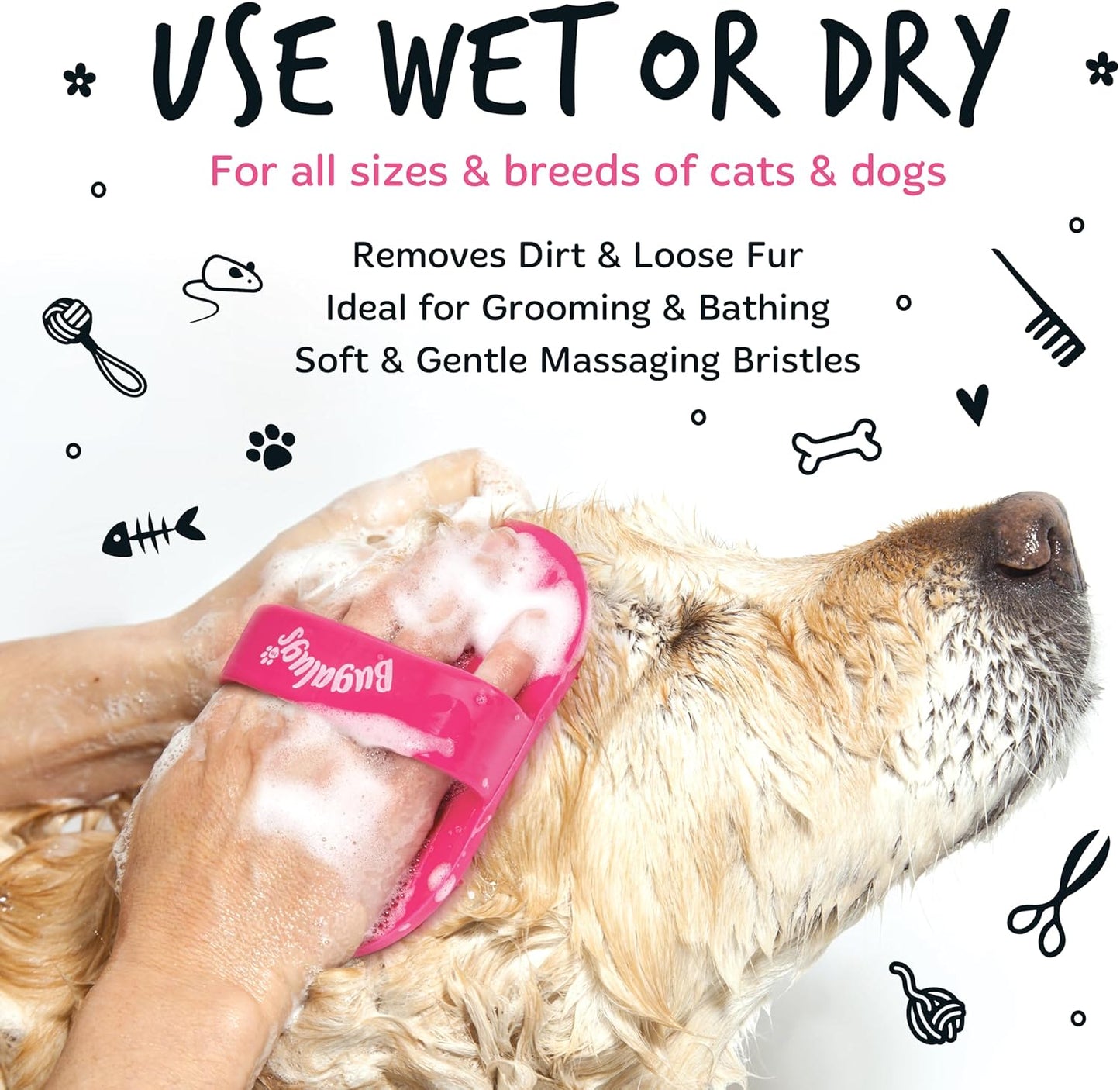 Bugalugs Wet & Dry Bath Brush for Dogs & Cats - Black