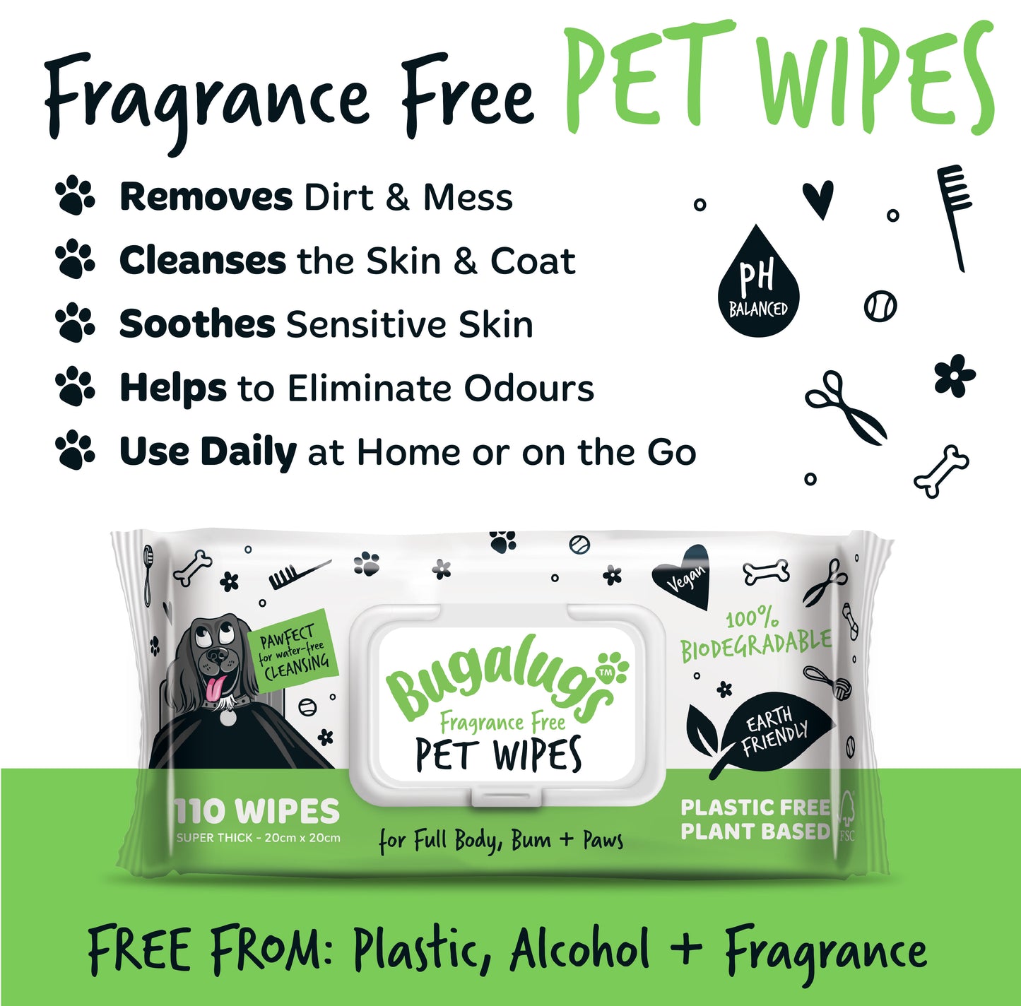 Bugalugs Fragrance Free Biodegradable Pet Wipes - Large