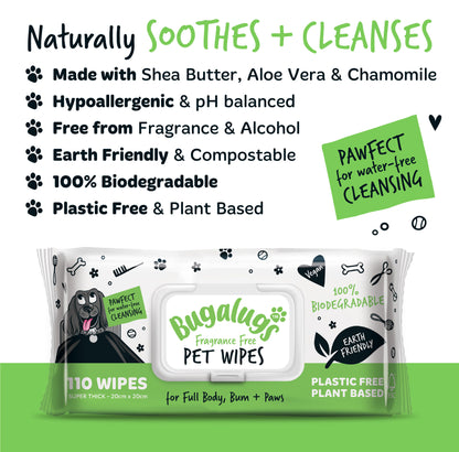 Bugalugs Fragrance Free Biodegradable Pet Wipes - Large