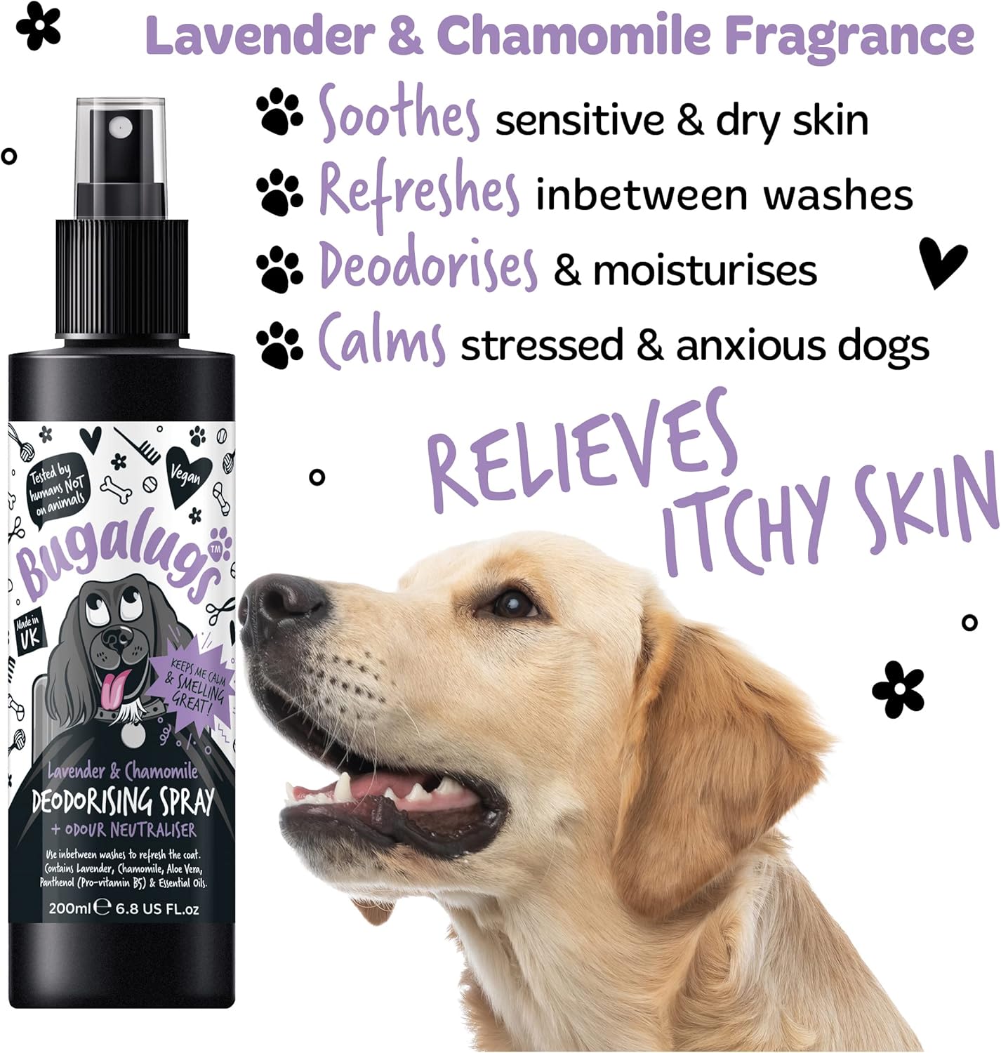 Bugalugs Dog Deodorising Spray with Odour Neutraliser - Lavender & Chamomile