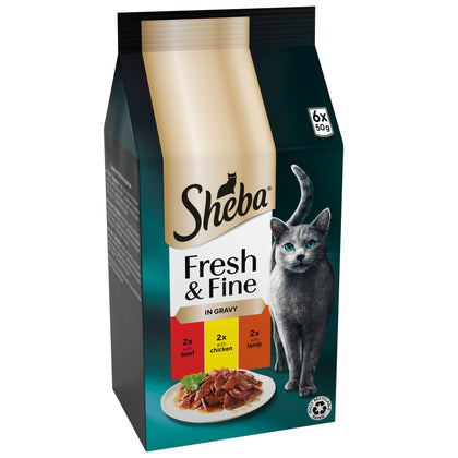 Sheba Fresh & Fine Wet Cat Food Pouches with Beef & Chicken & Lamb in Gravy