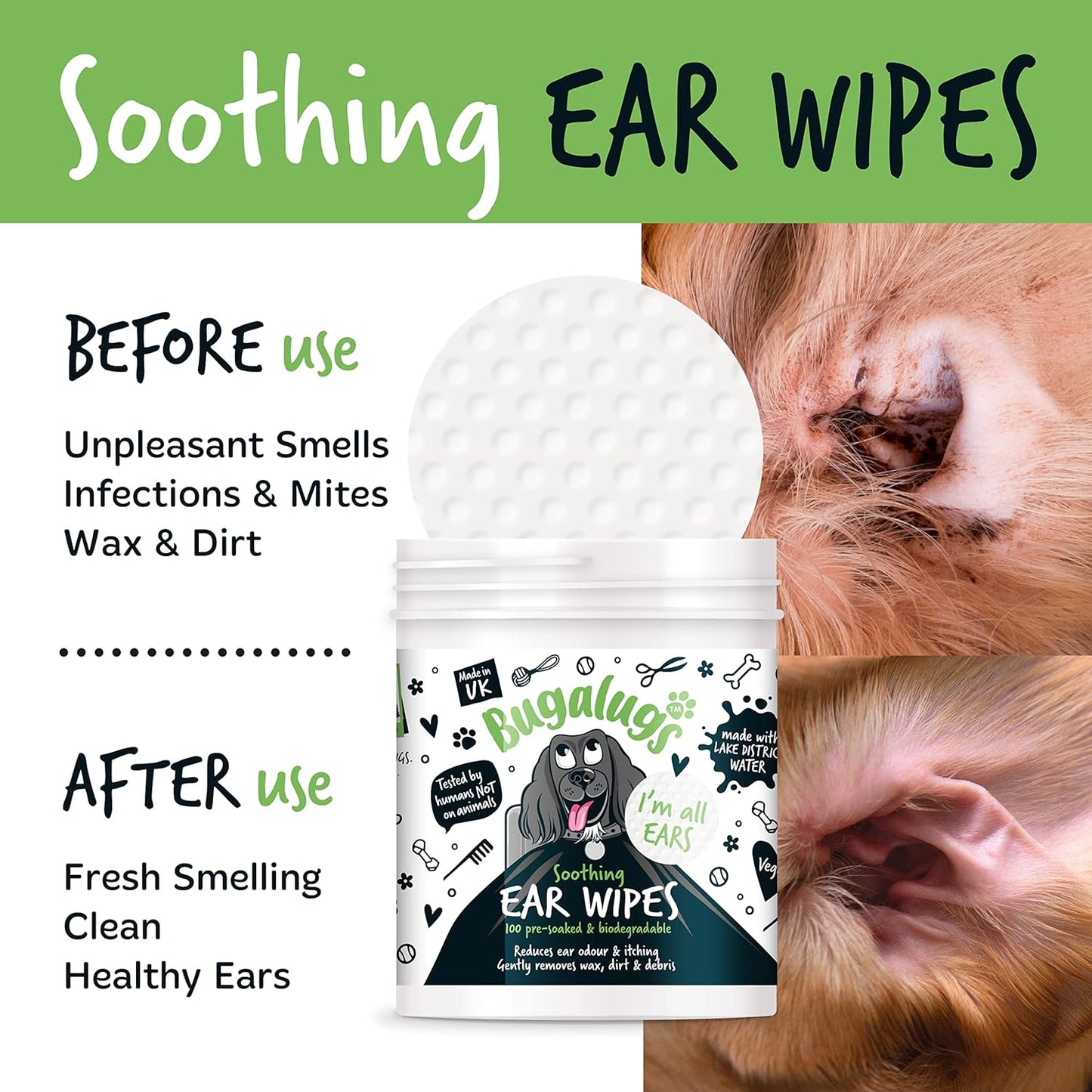 Bugalugs Soothing Ear Wipes Pre-soaked & Biodegradable for Dogs