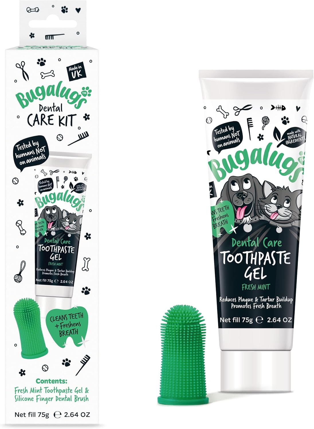 Bugalugs Dental Care Toothpaste Gel with Finger Toothbrush for Dogs & Cats - Fresh Mint