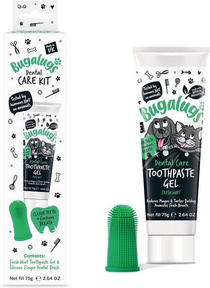 Bugalugs Dental Care Toothpaste Gel with Finger Toothbrush for Dogs & Cats - Fresh Mint