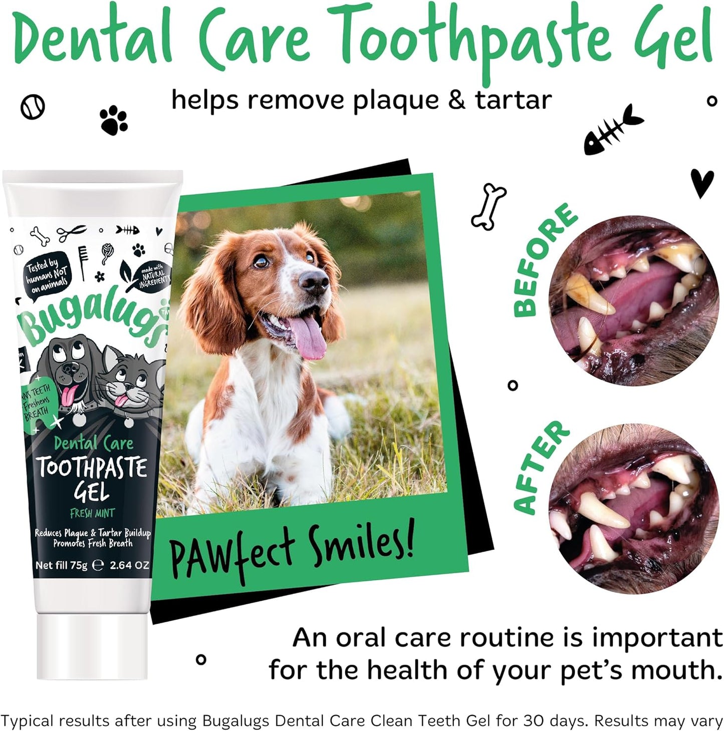 Bugalugs Dental Care Toothpaste Gel with Finger Toothbrush for Dogs & Cats - Fresh Mint