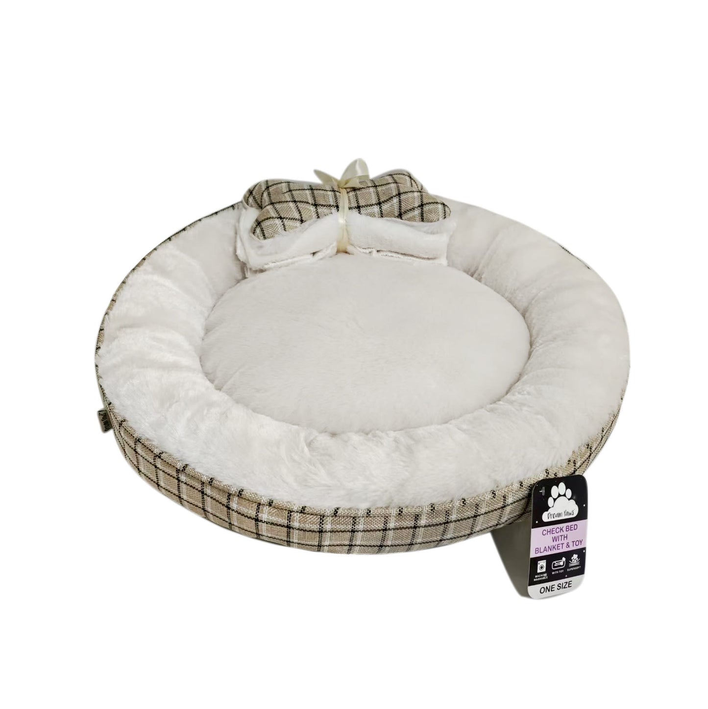 Dream Paws Neutral Check Dog Bed with Matching Blanket & Toy