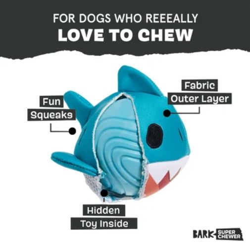 BARK Rip & Reveal Great White Dwight Super Chewer Dog Toy