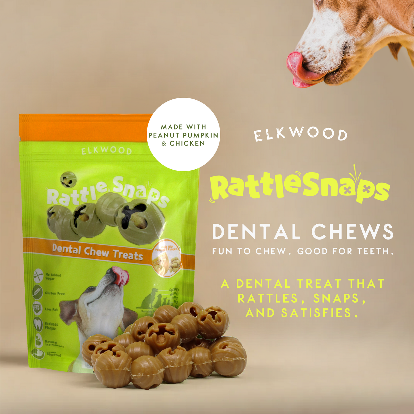 Elkwood Rattlesnaps Peanut & Pumpkin Dental Chew with Chicken | 50g x 10-Pack