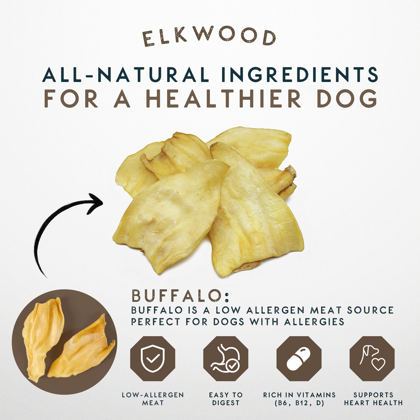 Elkwood 100% Buffalo Natural Ear Dog Treat | 6-pack
