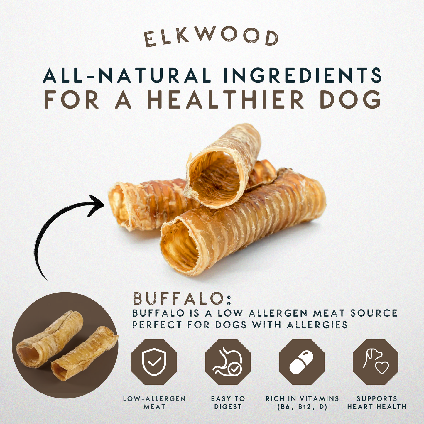 Elkwood 100% Buffalo Trachea Dog Treat | 200g