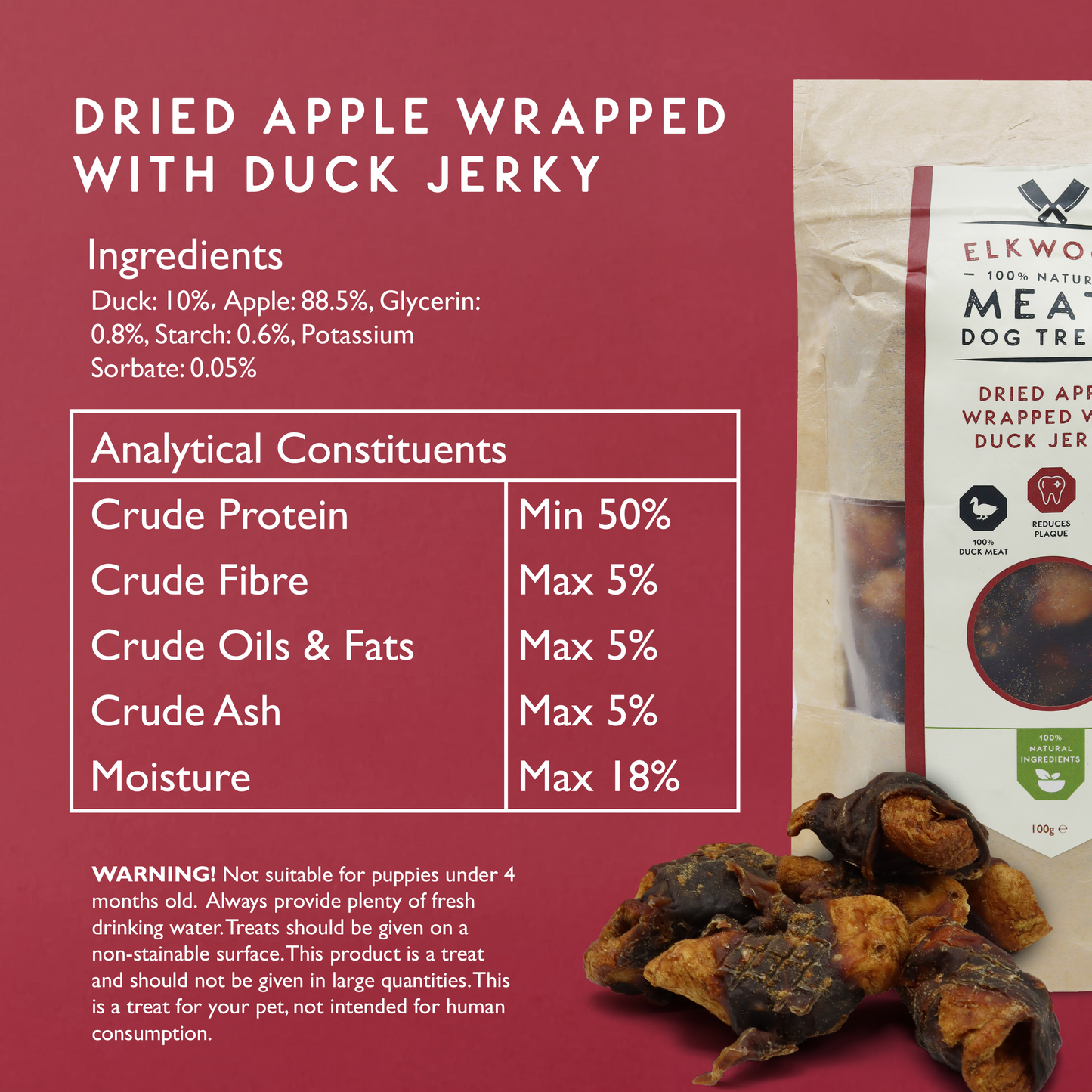 Elkwood Dried Apple Chunks Wrapped in Duck Jerky | 100g