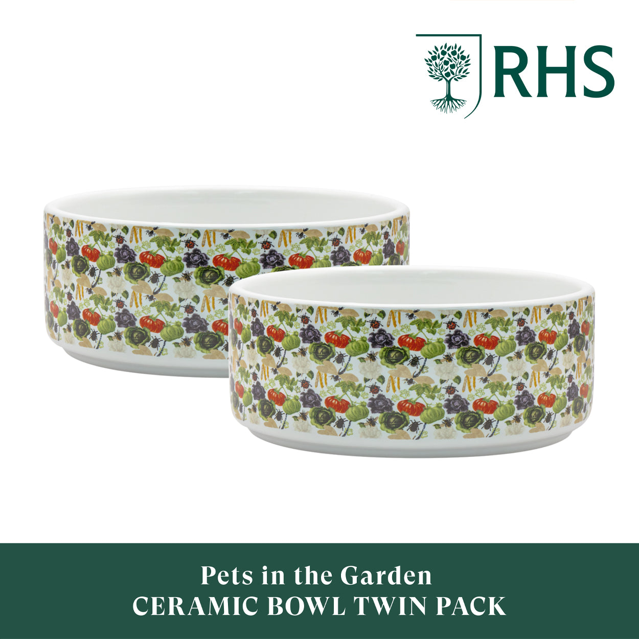Royal Horticultural Society Pets in the Garden Ceramic Bowl Twin Pack | Small/Medium