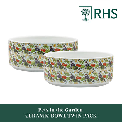 Royal Horticultural Society Pets in the Garden Ceramic Bowl Twin Pack | Small/Medium