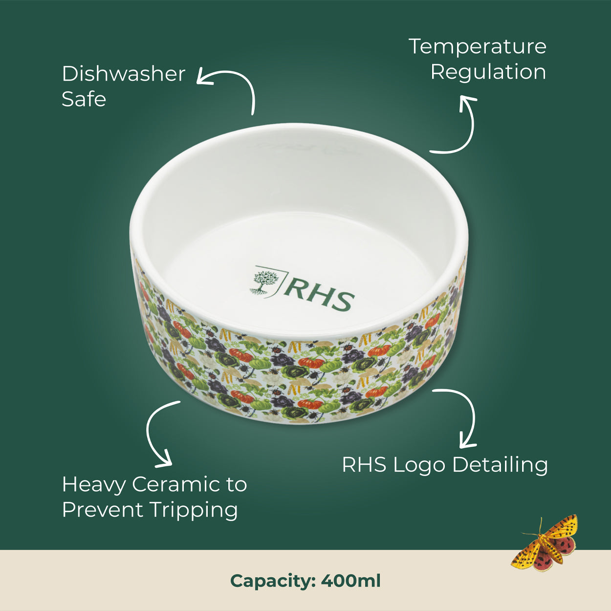 Royal Horticultural Society Pets in the Garden Ceramic Bowl Twin Pack | Small/Medium