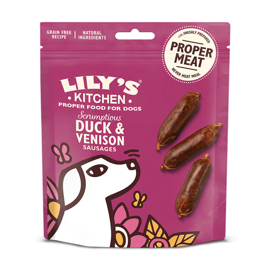 Lily's Kitchen Lily'S Kitchen Scrumptious Sausages Duck Venison Adult Treat Dog Food pet food packaging